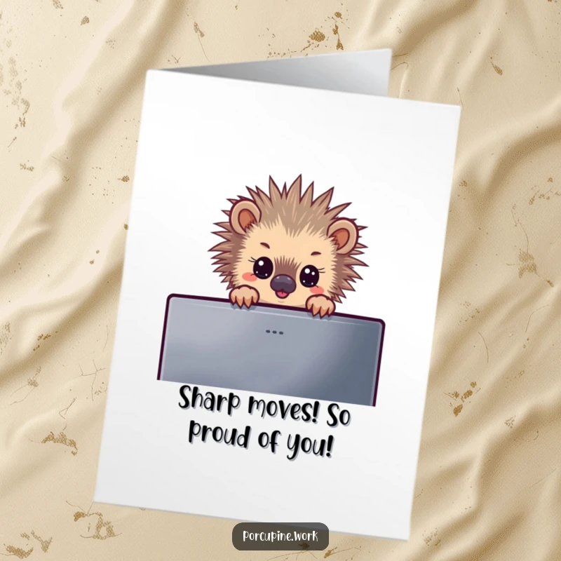 Funny Free Printable Congratulation Card: A porcupine with wide eyes peeks curiously over a computer monitor, celebrating achievements.