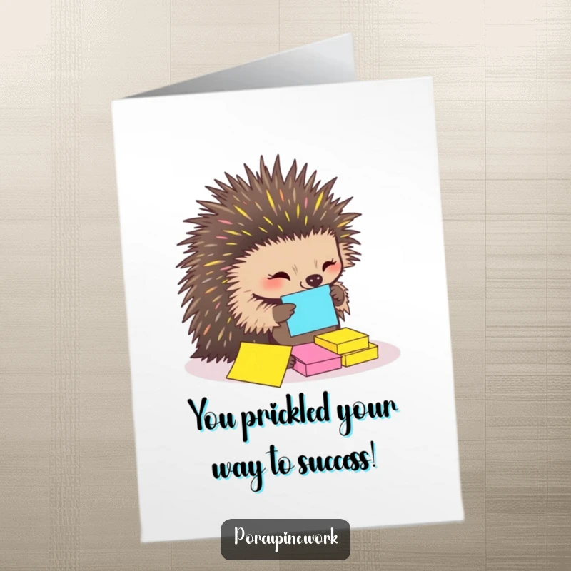 Funny free printable congratulations card: a porcupine uses quills to organize sticky notes, celebrating success with a smile.
