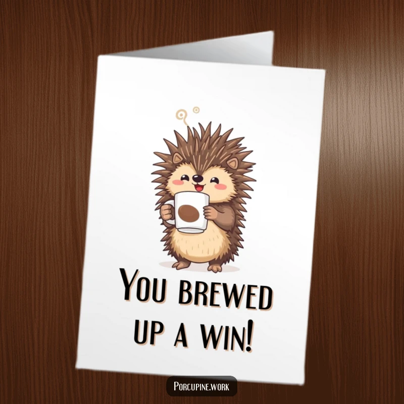 Funny Free Printable Congratulations Card: A victorious porcupine raises a coffee mug with hot steam.