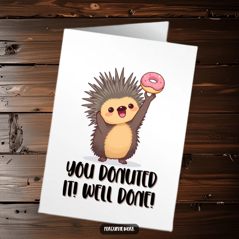 Funny Free Printable Congratulation Card: A porcupine victoriously holds a small donut in the air, celebrating success.