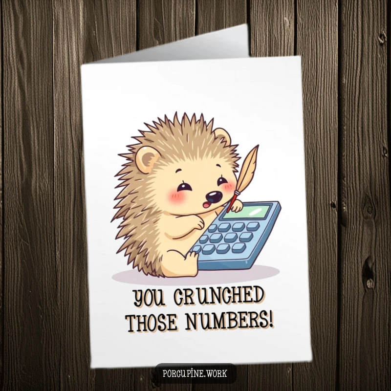 Funny Free Printable Congratulations Card: A porcupine cleverly uses its quill to input figures into a calculator.