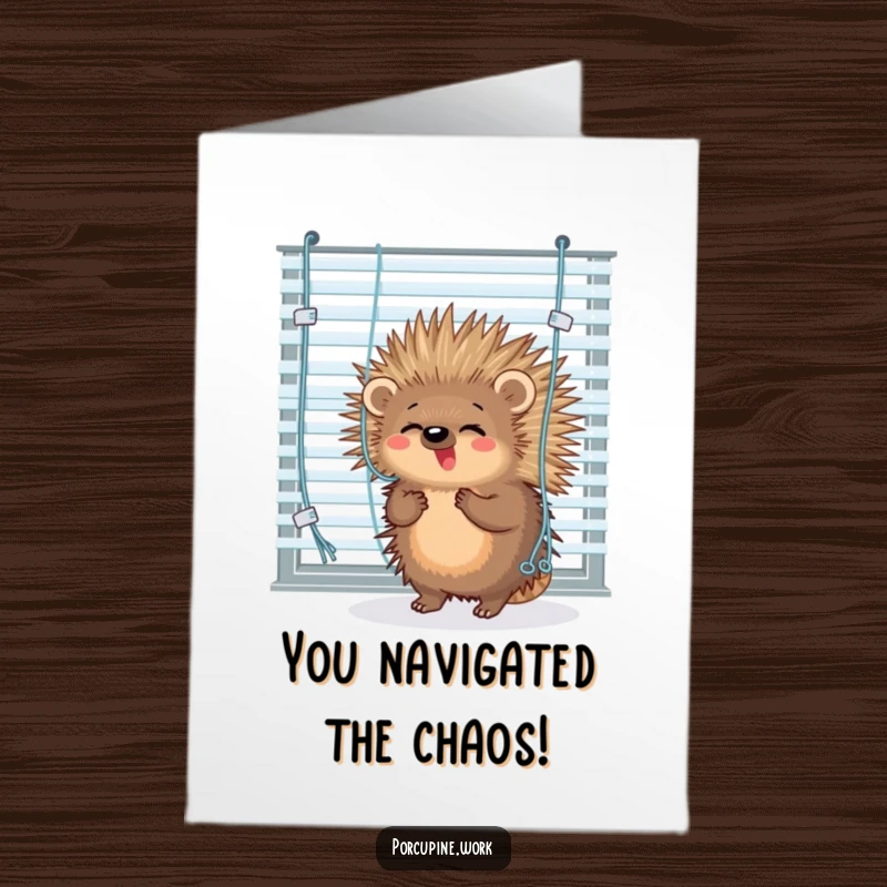 Funny Free Printable Congratulations Card: A porcupine comically struggles, caught in dangling office blinds.