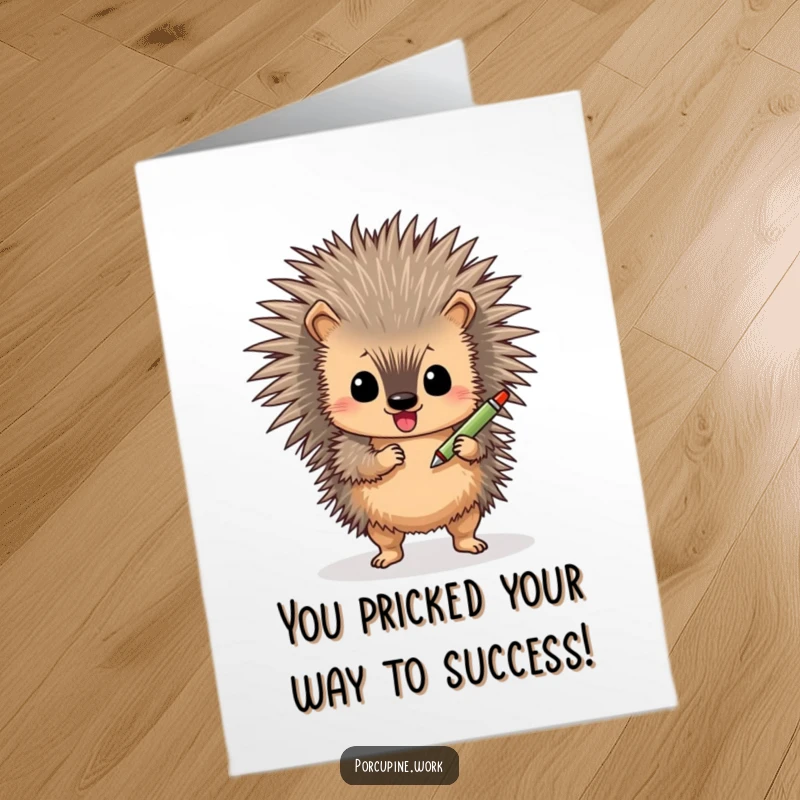 Funny Free Printable Congratulations Card: A cheerful porcupine doing a happy shimmy while holding a pen, celebrating good news.