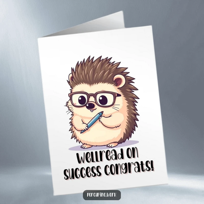 Funny free printable congratulations card with a scholarly porcupine wearing glasses, holding a pen, ready to celebrate.