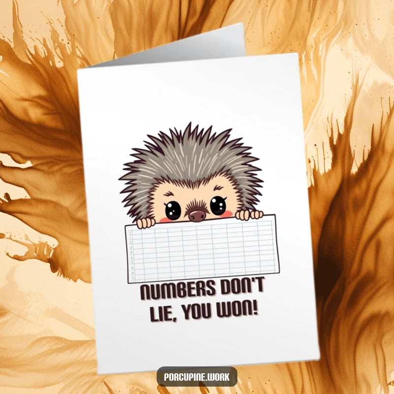 Funny free printable congratulations card: a porcupine stares intently over a large spreadsheet, celebrating meticulous effort and success.
