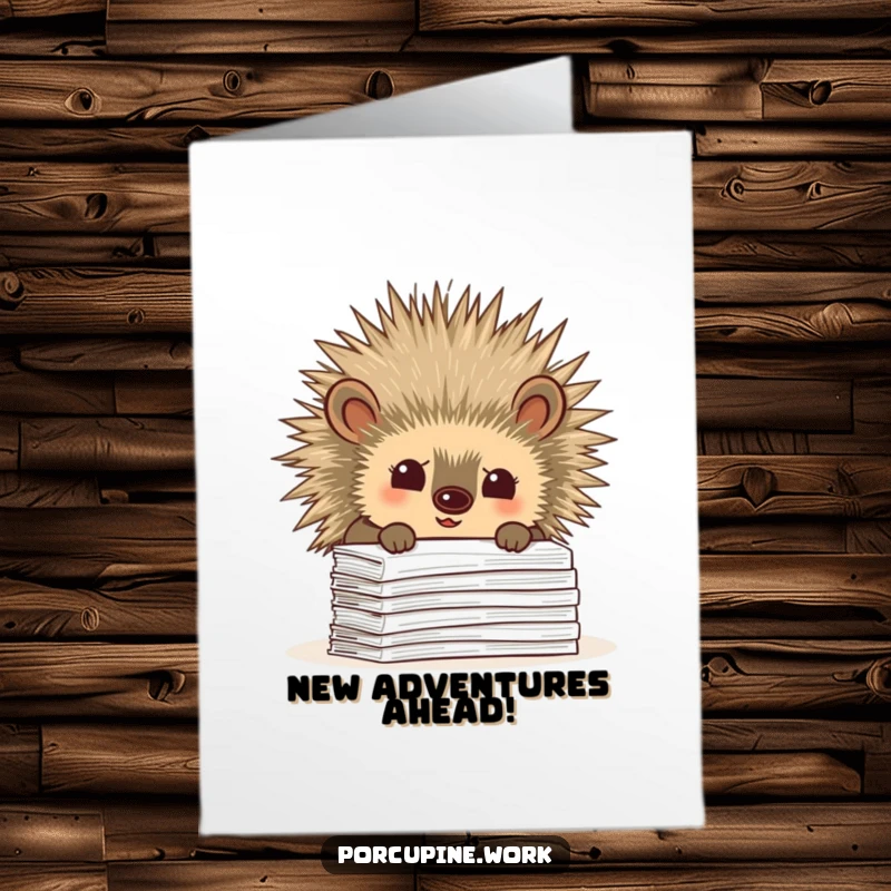 Funny Free Printable Congrats Card: A porcupine curiously peeking over paperwork, office investigation theme.