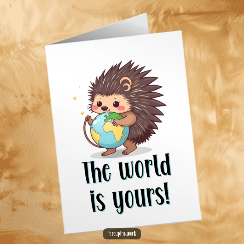 Funny Free Printable Congratulations Card: A smiling porcupine spins a tiny globe, celebrating a significant world achievement.