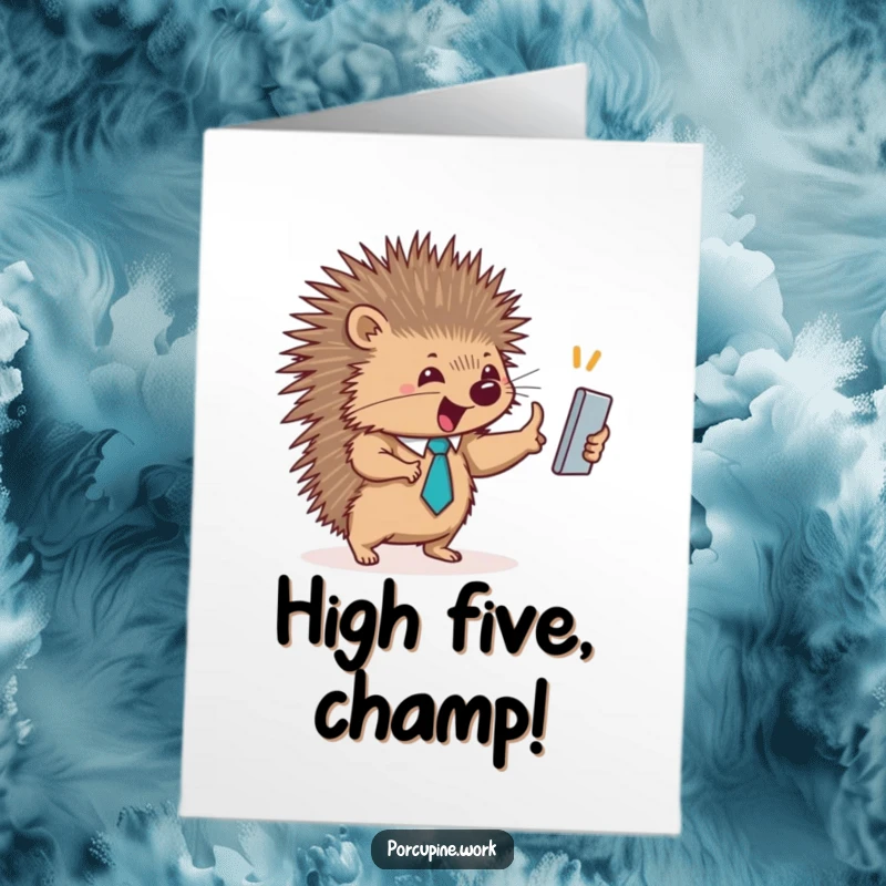 Funny Free Printable Congratulations Card: A porcupine wearing a small tie enthusiastically high-fives a companion, celebrating a shared success.