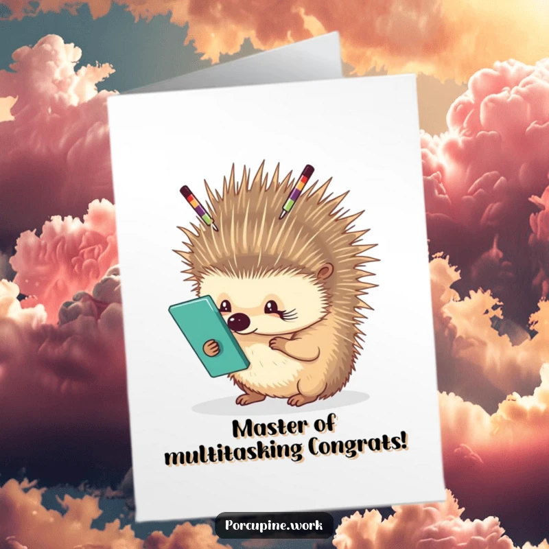 Funny free printable congratulations card featuring a porcupine skillfully balancing office supplies on its quills. A true multitasker!