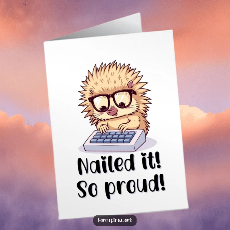 Funny Free Printable Congratulations Card: A nerdy porcupine with glasses enthusiastically types on a small keyboard, celebrating a job well done.