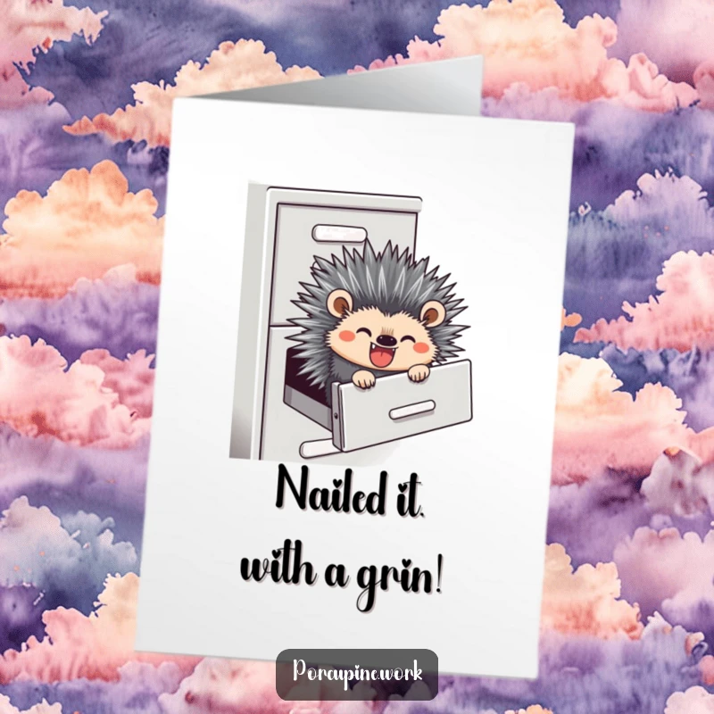 Funny Free Printable Congrats Card: A porcupine grins widely while making a daring slide down a filing cabinet. A celebratory humor.