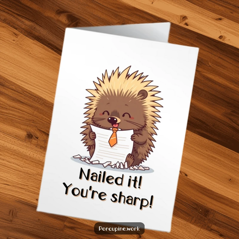 Funny Free Printable Congratulations Card: A porcupine wearing a small tie playfully shreds a document, symbolizing a job well done.