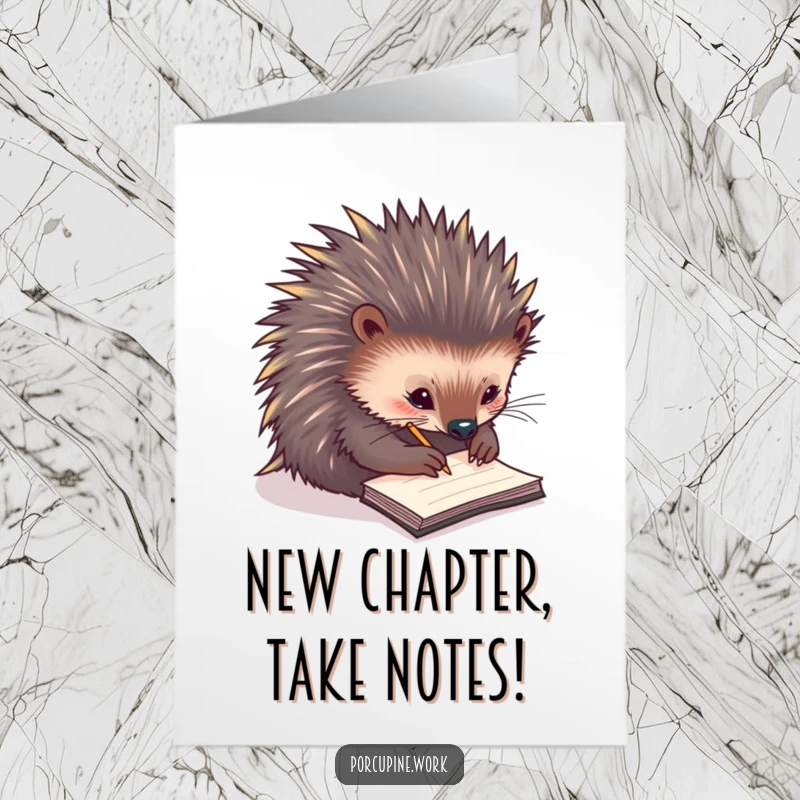 Funny Free Printable Congratulations Card: A diligent porcupine scribbles notes on a tiny notepad, acknowledging a great achievement.