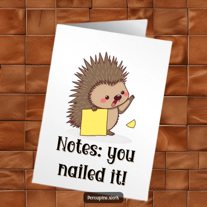 Funny Free Printable Congratulations Card: A porcupine deftly dodging a falling sticky note, symbolizing skillful achievement.