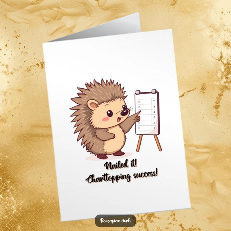 Funny free printable congratulations card showing a porcupine confidently pointing at a chart, signifying a successful outcome.