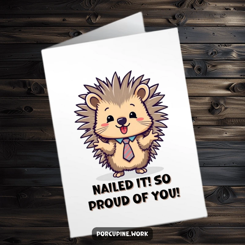 Funny Free Printable Congratulations Card: A porcupine in a tie presents with enthusiasm, celebrating success.