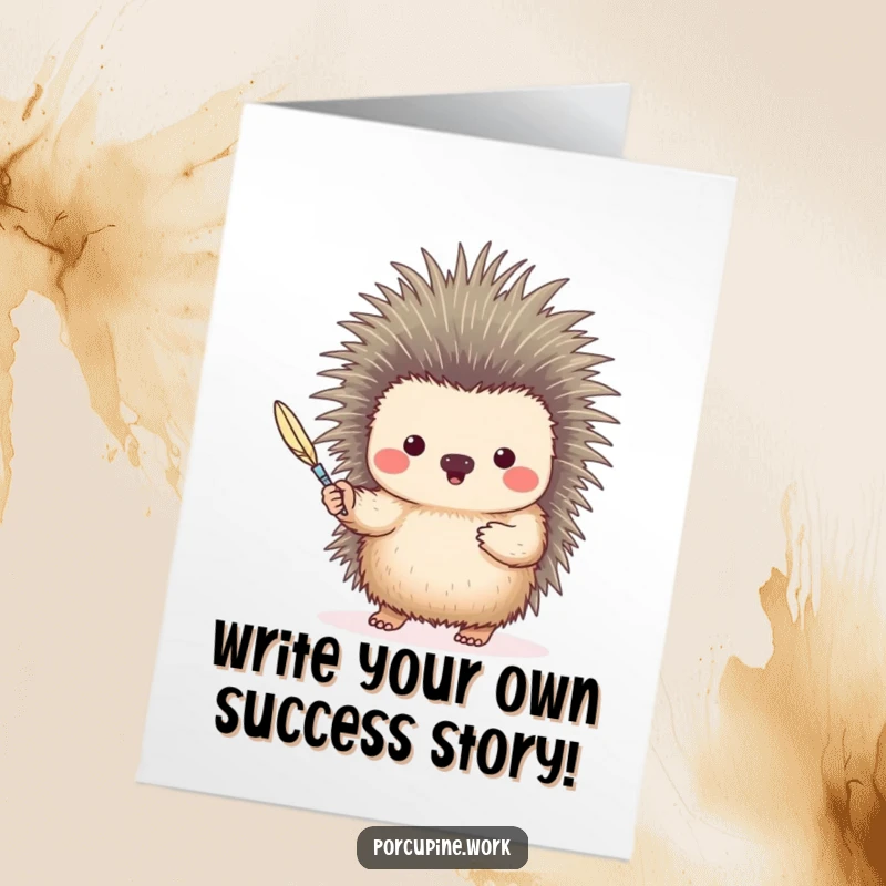 Funny Free Printable Congratulations Card: A porcupine gestures with a quill, offering it like a fine writing instrument.