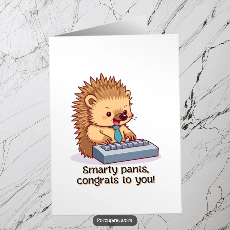 Funny free printable congratulations card showing a porcupine in a small tie, typing with great enthusiasm on a computer keyboard.