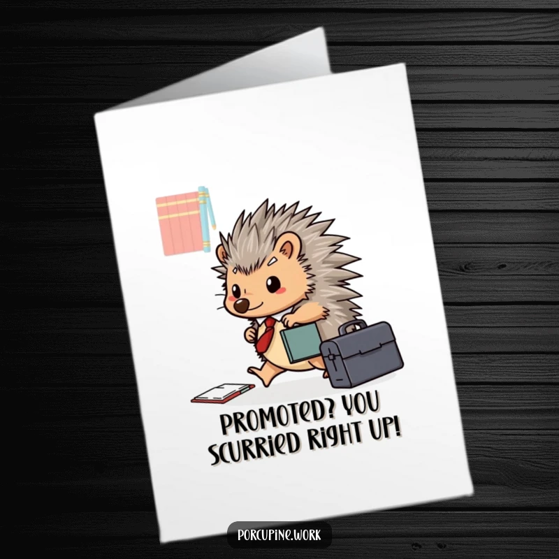 Funny Free Printable Congratulations Card: A porcupine with a briefcase happily scurries across a desk, celebrating a successful endeavor.