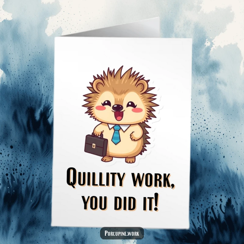 Funny Free Printable Congrats Card: Excited porcupine in a tie, holding a briefcase, celebrating career success.