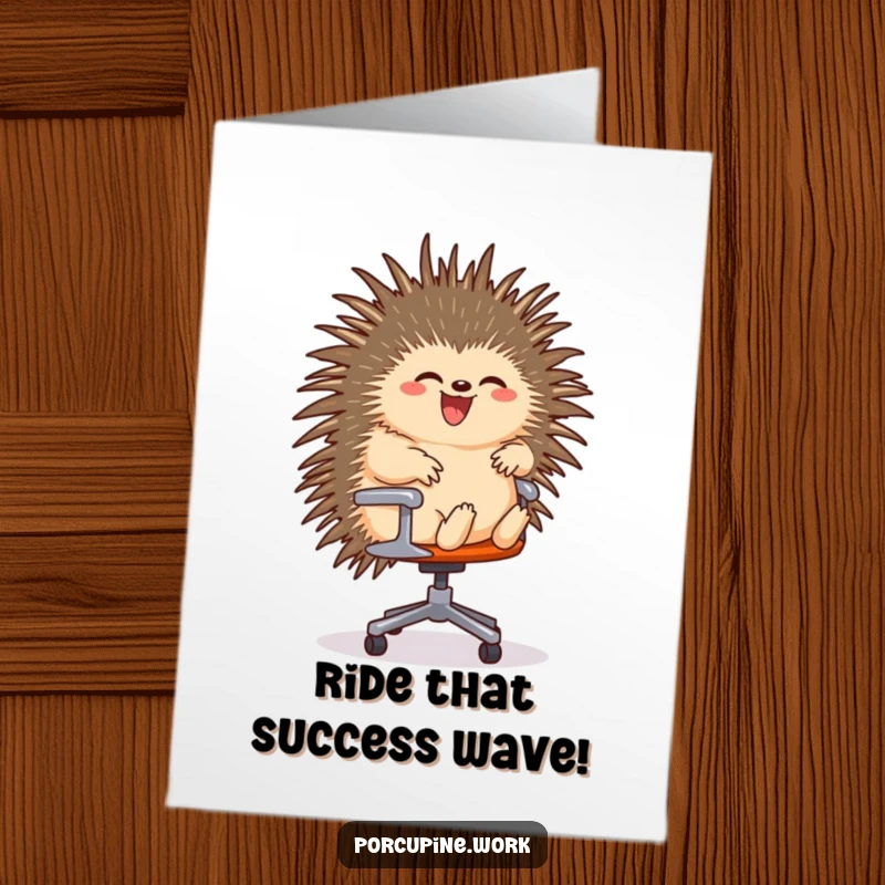 Funny Free Printable Congrats Card: A porcupine gleefully riding an office chair, celebrating success with speed.