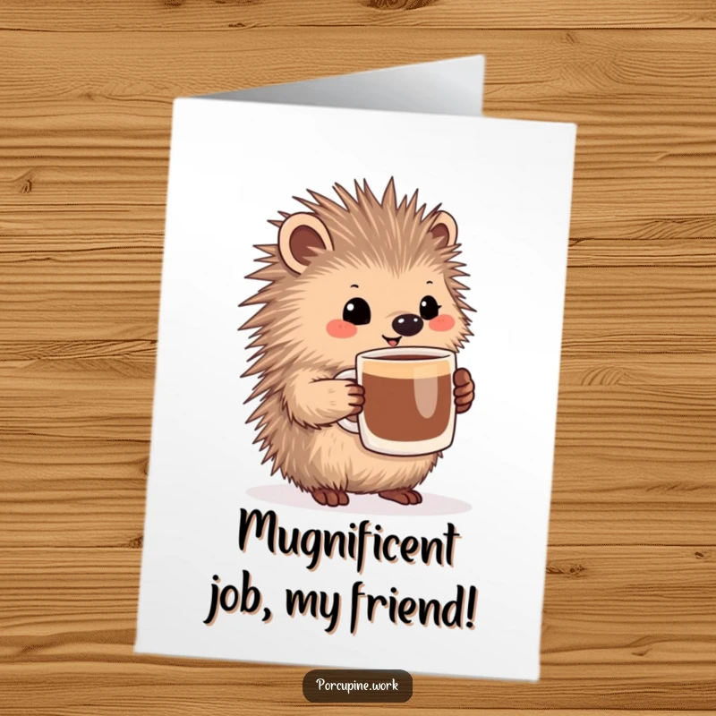Funny Free Printable Porcupine Congratulations Card, a pleased porcupine holding a large coffee mug, celebrating success.