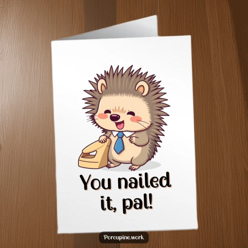 Funny Free Printable Porcupine Congratulations Card, a dapper porcupine enthusiastically punching paper, celebrating success.