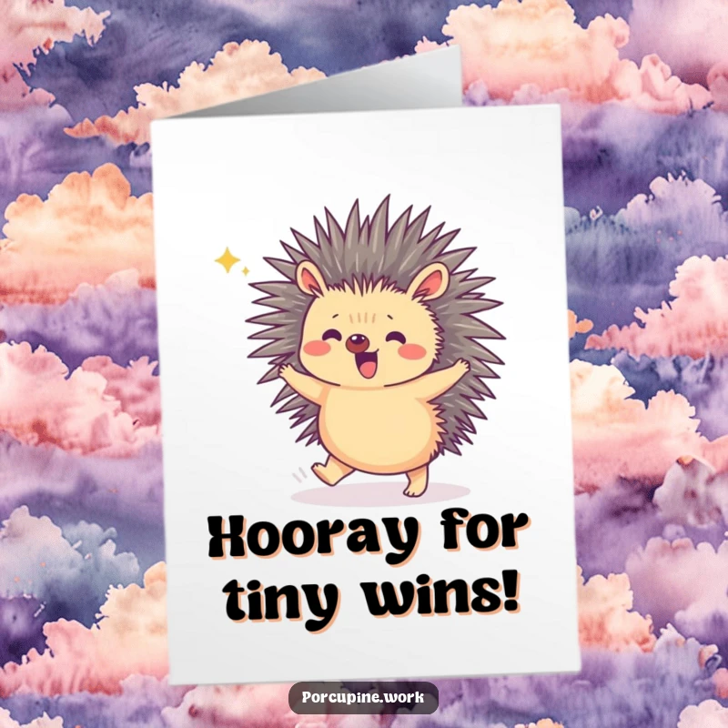 Funny free printable congratulations card of a porcupine doing a tiny happy hop to celebrate a small but significant victory.