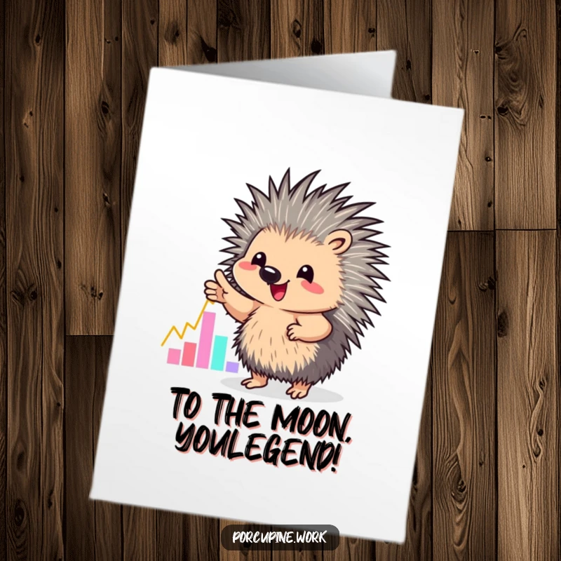 Funny Free Printable Congratulations Card: An enthusiastic porcupine gestures animatedly towards a vibrant, rising bar graph, celebrating success.