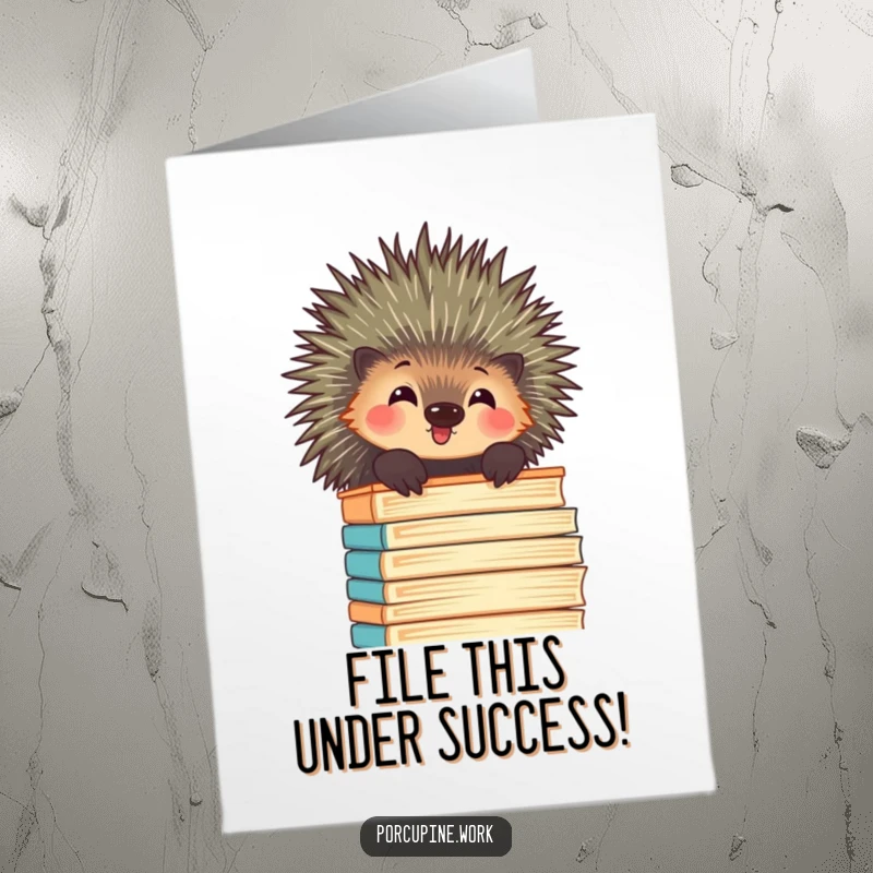 Funny Free Printable Porcupine Congratulations Card, a porcupine peeking over a tall file stack, looking amused at success.