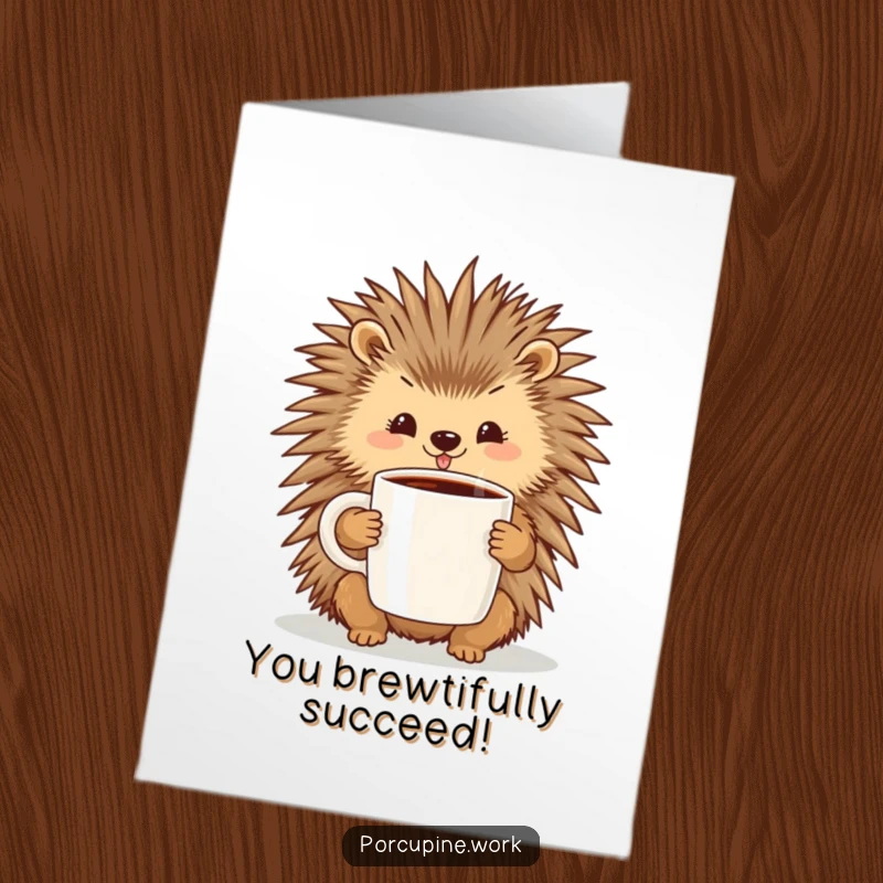 Funny Free Printable Congratulations Card: A porcupine with a wide, happy grin holds a substantial coffee mug, celebrating good news.