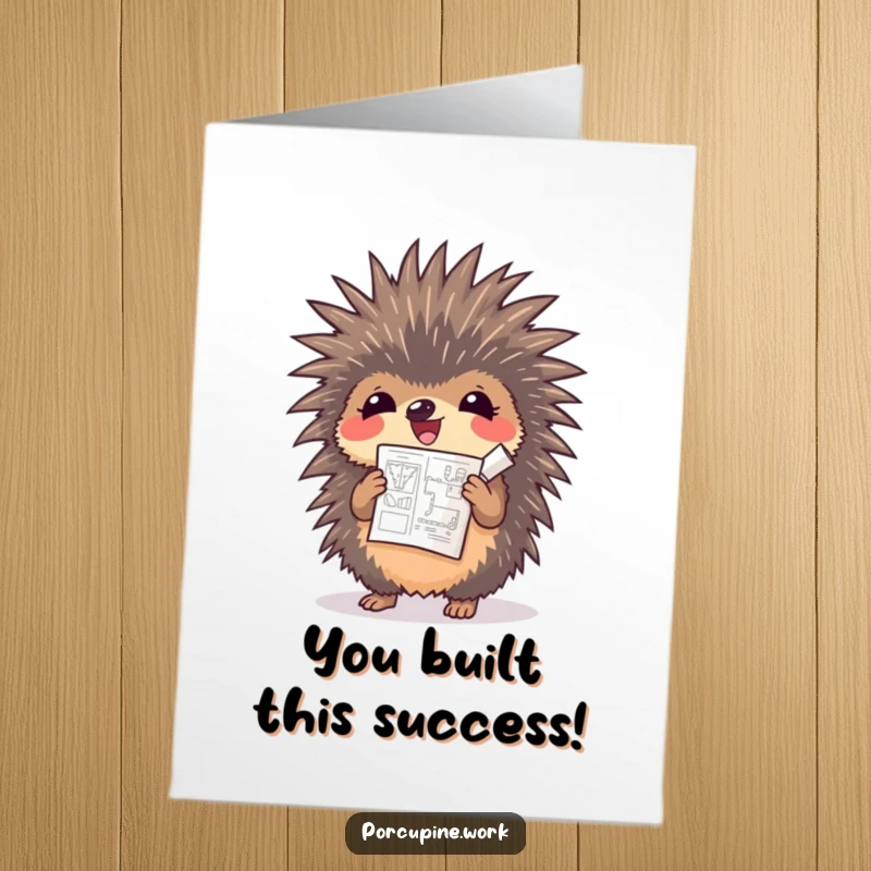Funny Free Printable Congratulations Card: A porcupine proudly holds up a small rolled blueprint, cheering.