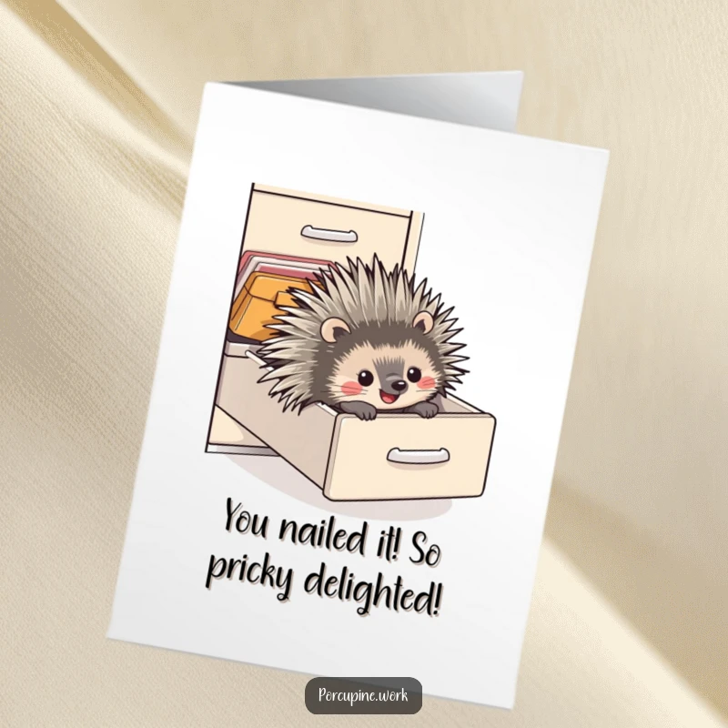 Funny Free Printable Congratulations Card: A porcupine slides down a filing cabinet drawer with ecstatic delight, celebrating success.