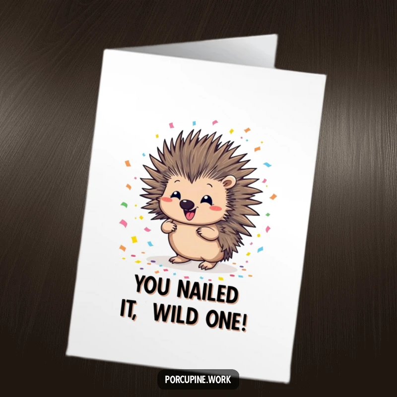 Funny Free Printable Congrats Card: A porcupine gleefully throws confetti with a mischievous smile, celebrating.