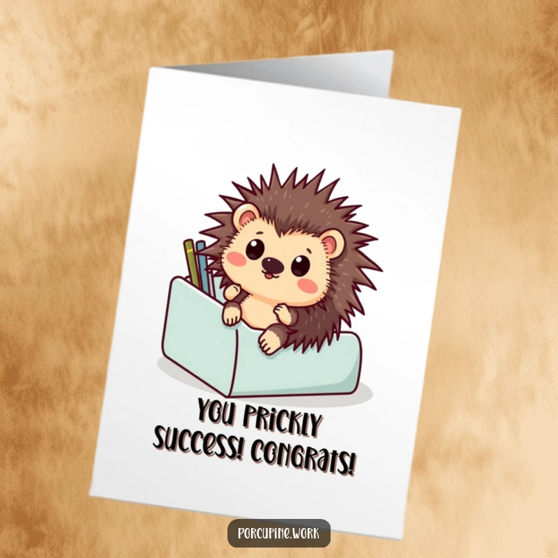 Funny free printable congratulations card with a startled porcupine comically sliding down a desk, perfect for celebrating any win.