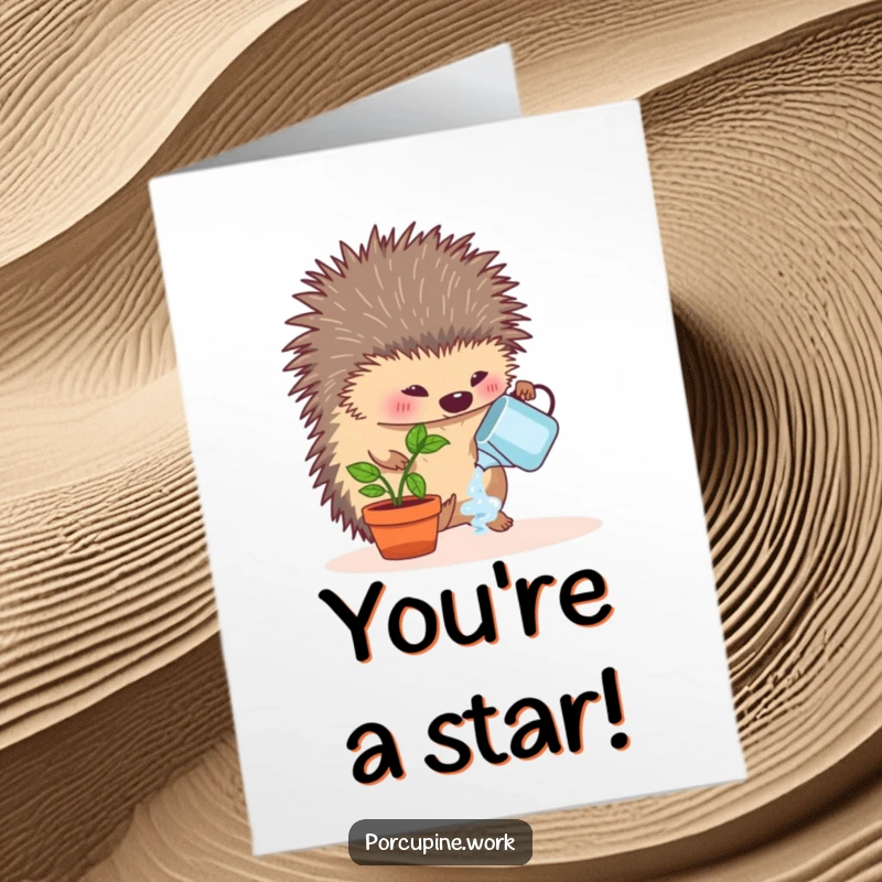 Funny Free Printable Congrats Card: A porcupine watering a small desk plant, symbolizing growth and success.