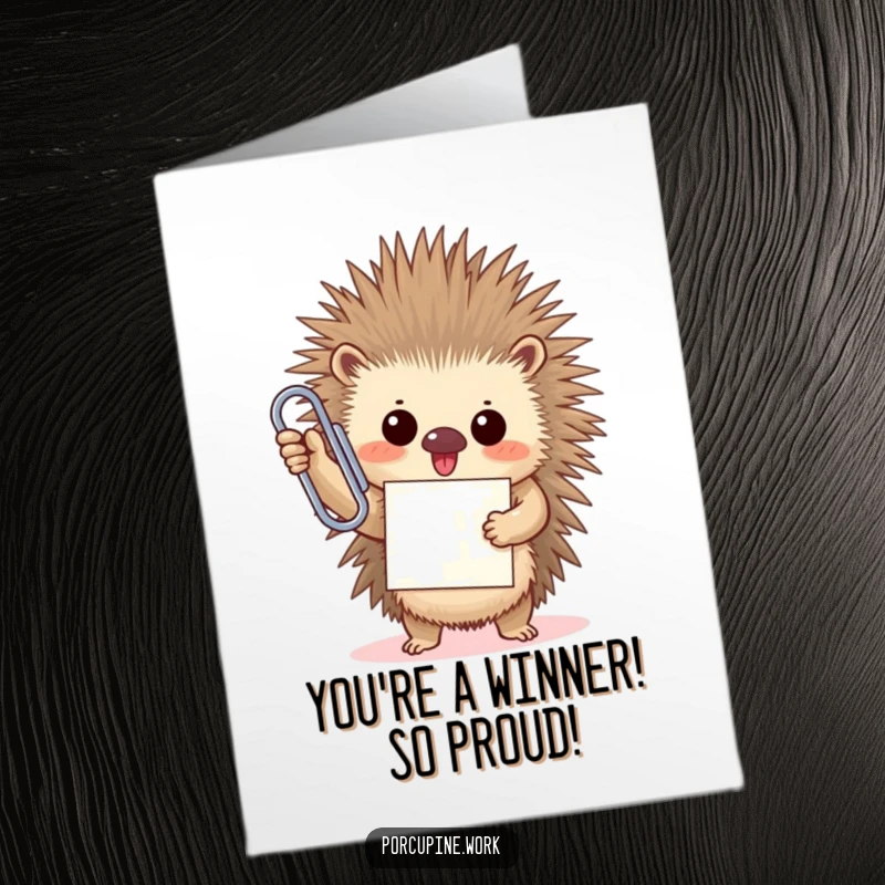 Funny Free Printable Congratulations Card: A porcupine triumphantly holds an oversized paperclip with a proud smile, signifying a major win.