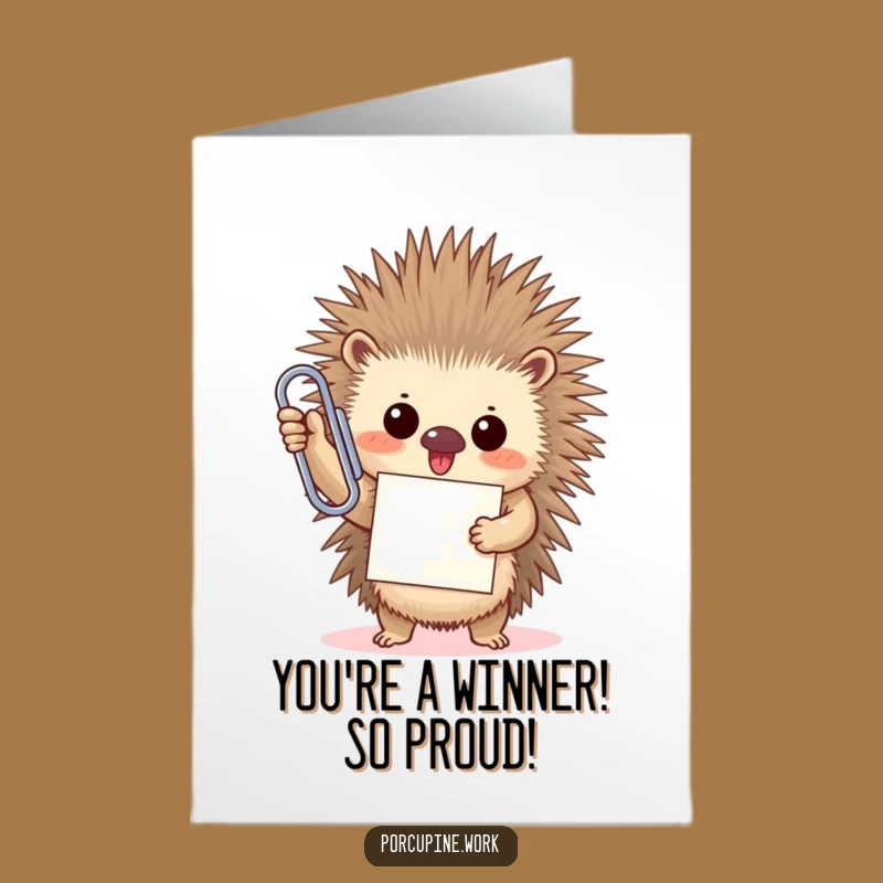 Free Printable Congrats Card: Porcupine's Paperclip Triumph, Perfect Funny Downloadable Gift