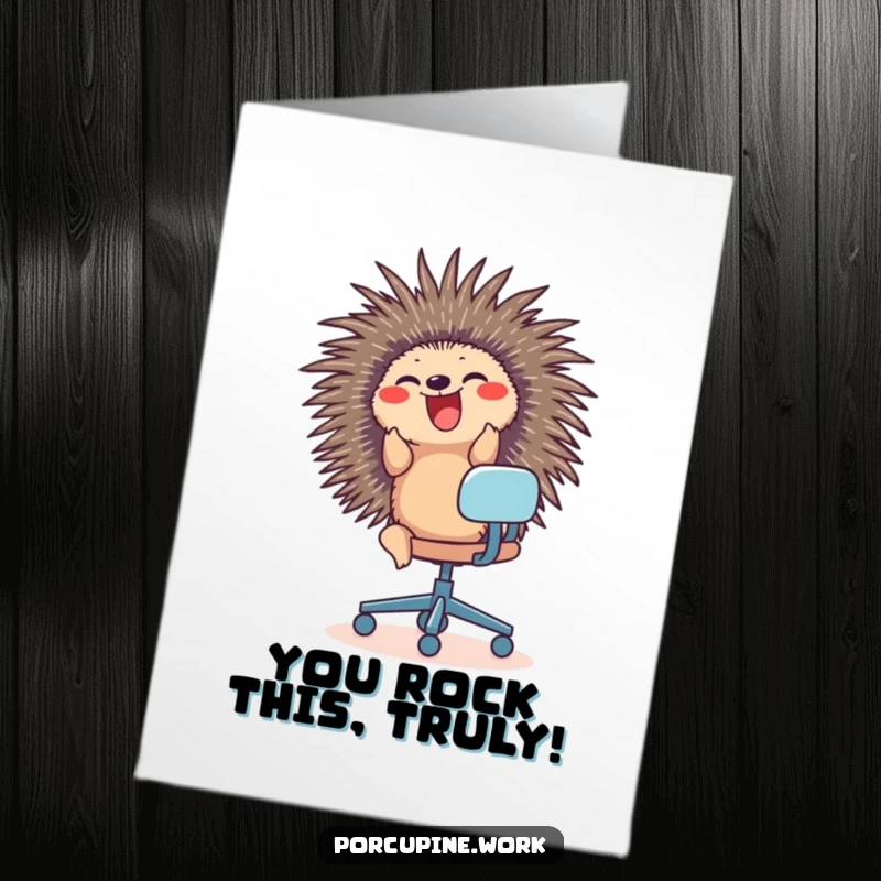 Funny Free Printable Congratulations Card: A porcupine gleefully rides an office chair, celebrating success with energy.