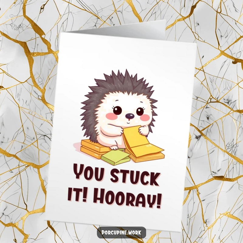 Funny Free Printable Congratulations Card: A porcupine happily sorts colorful sticky notes, symbolizing organized success.