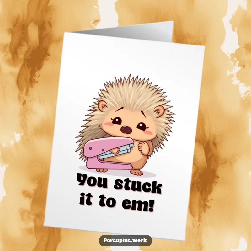 Funny Free Printable Congratulations Card: A porcupine looks quizzically at a stapler it holds, embracing the mystery.