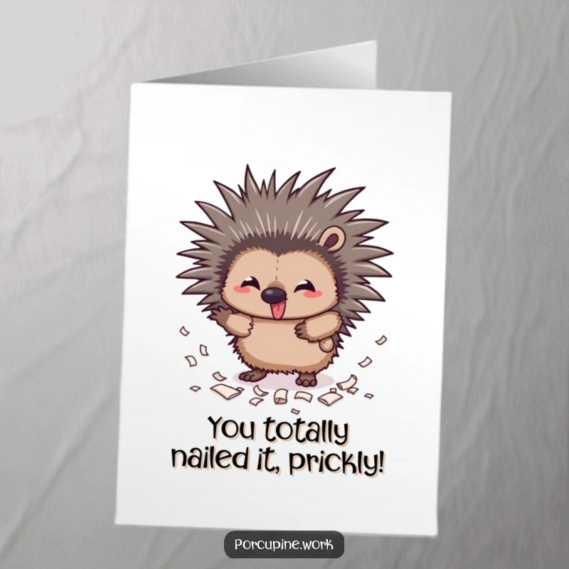 Funny Free Printable Congrats Card: Mischievous porcupine scattering paper scraps, celebrating a wild accomplishment.
