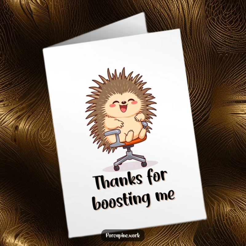 Funny Free Printable Thank You Card: A porcupine gleefully riding an office chair, office journey for thanks.