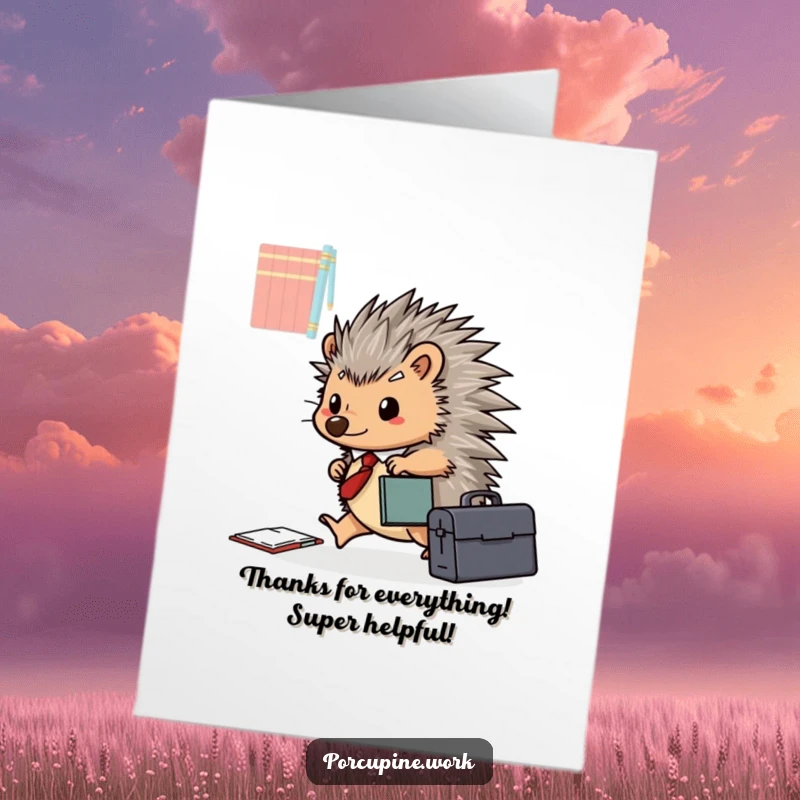 Funny Free Printable Thank You Card: A porcupine with a briefcase happily scurries across a desk, a comical thank you for quick action.