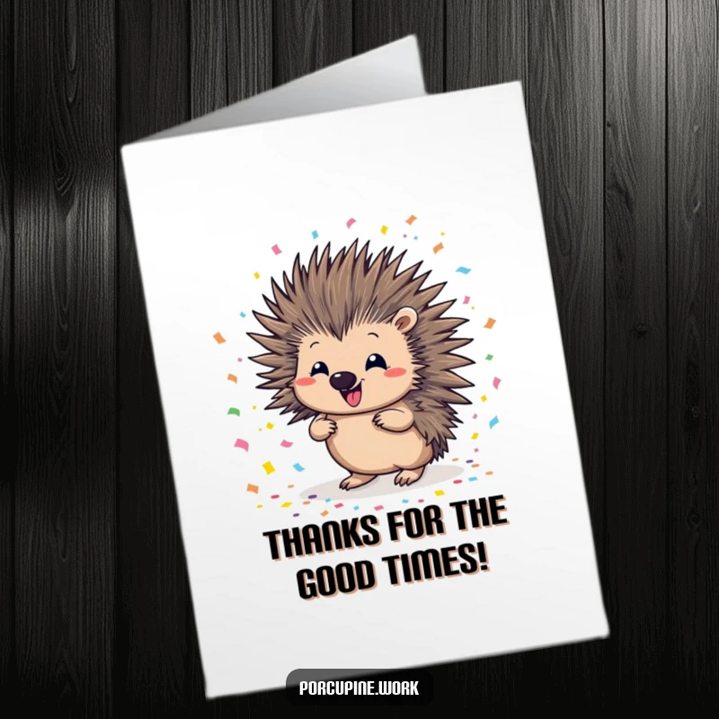 Funny Free Printable Thank You Card: A porcupine scattering confetti with a playful, thankful smile.