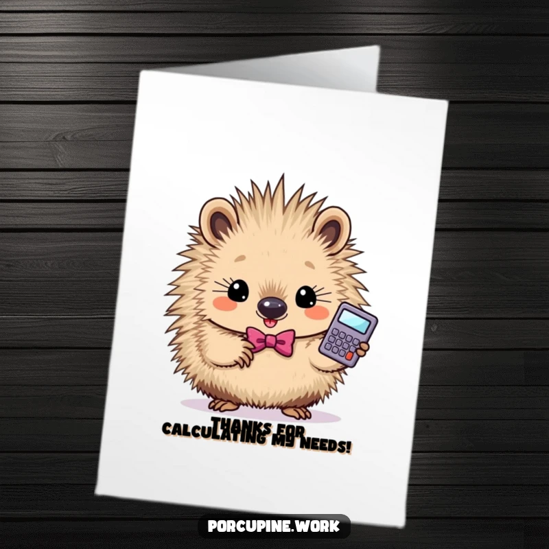 Funny Free Printable Thank You Card: Determined porcupine holding a calculator, expressing precise gratitude.