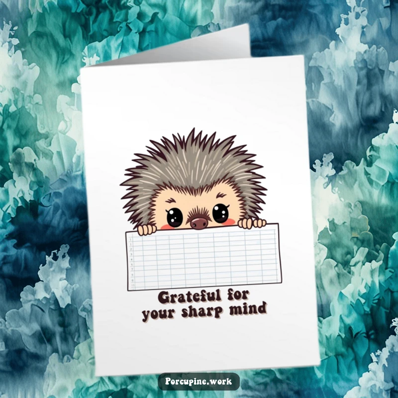 Funny free printable thank you card: a porcupine intensely studies a large spreadsheet, a quirky way to thank someone for their focus.