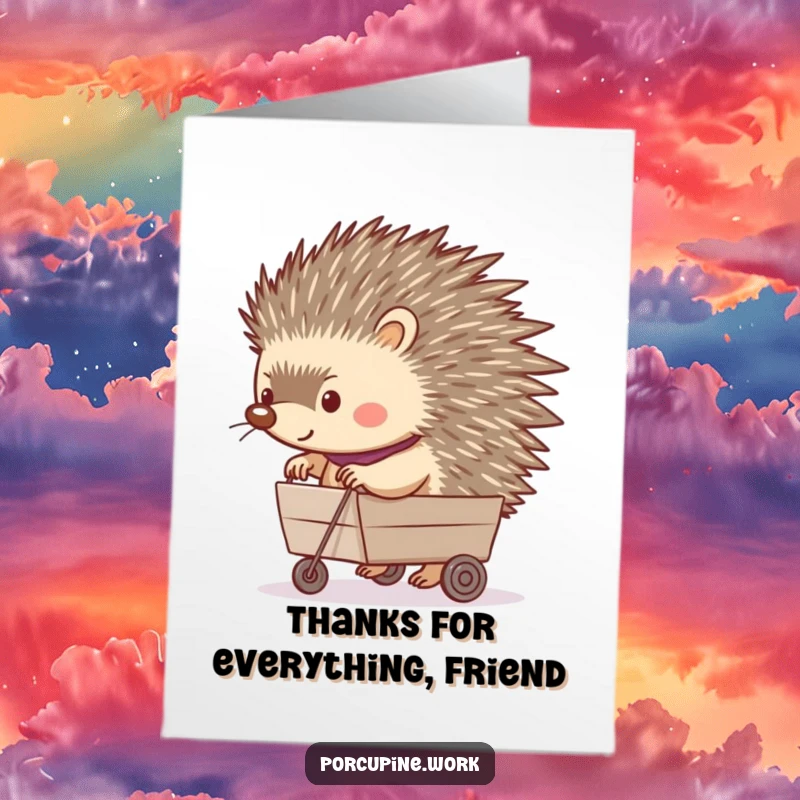 Funny Free Printable Thank You Card: A porcupine cheerfully pushing a small cart, conveying thanks with a sweet gesture.