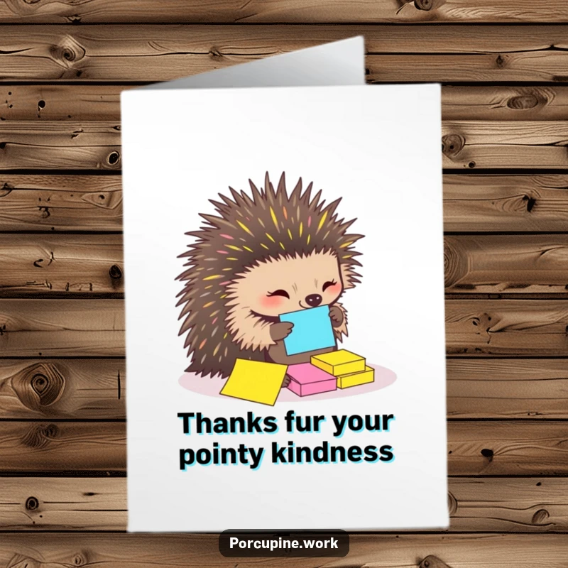 Funny free printable thank you card: a porcupine organizes sticky notes with quills, a quirky way to say thanks.