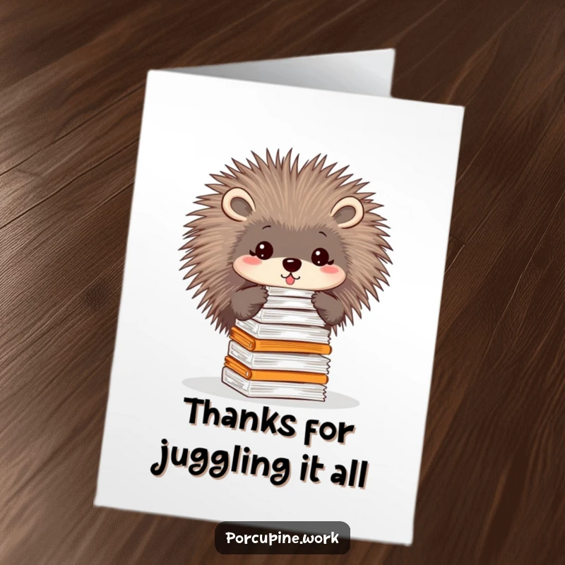 Funny Free Printable Thank You Card: A humorous porcupine skillfully balances a pile of documents on its quills, a quirky thanks.